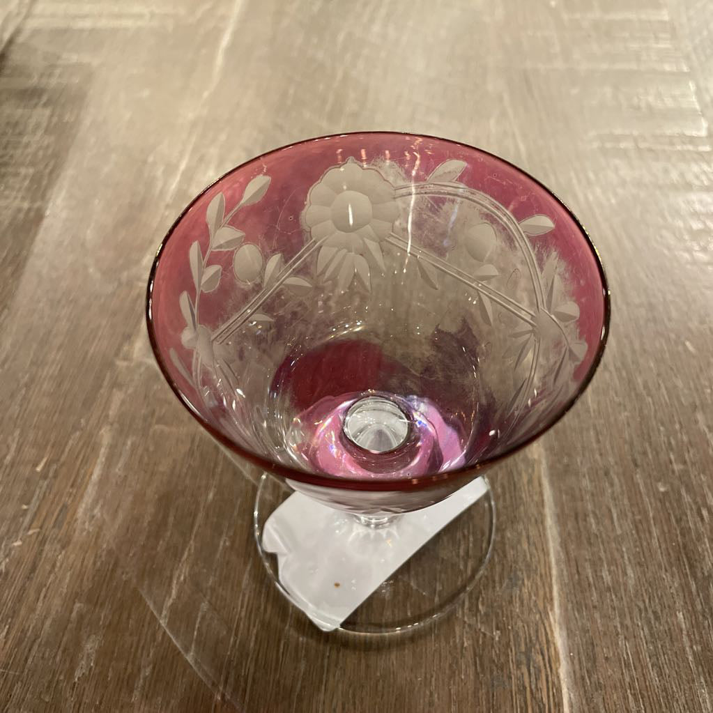 Cranberry Floral Etched Cocktail Glasses SET of 6 AS IS SMALLS