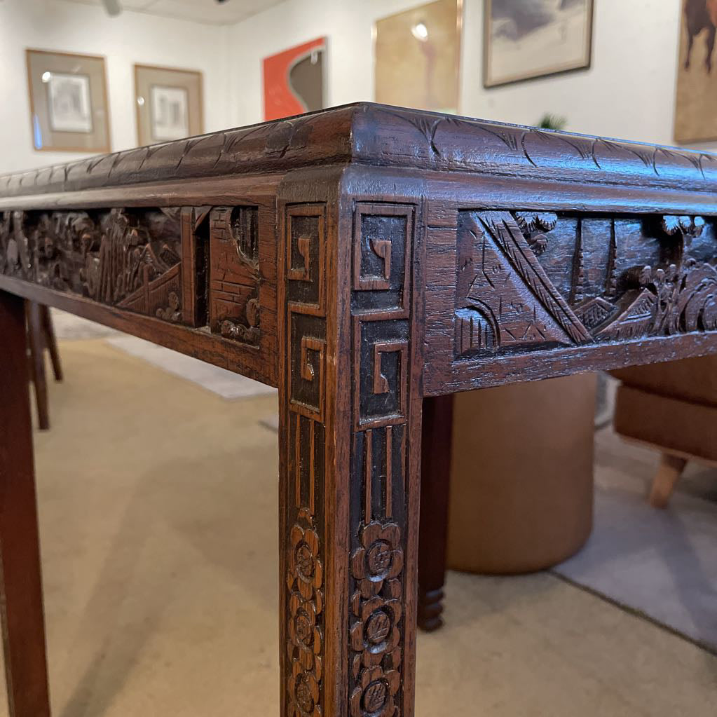 Asian Deco Carved Square End Table