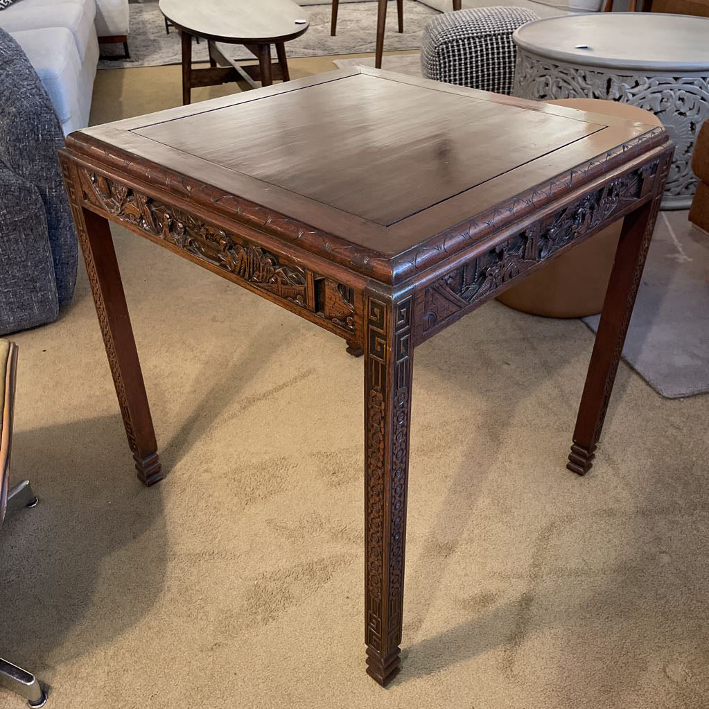 Asian Deco Carved Square End Table