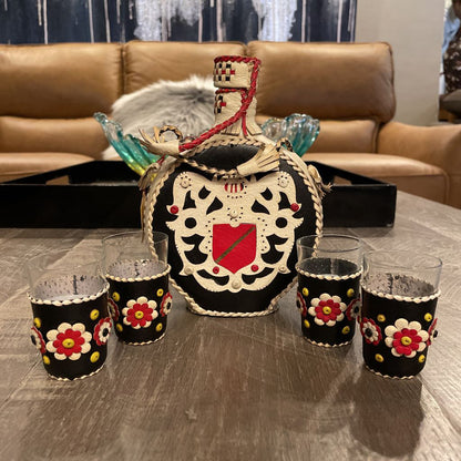 SET Yugoslavian Leather Embellished Decanter w/ 4 Glasses SMALLS