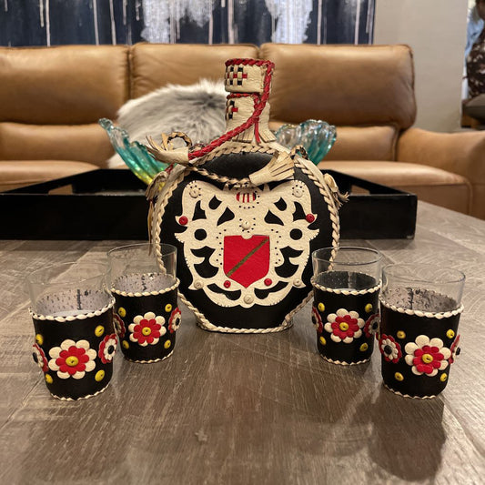 SET Yugoslavian Leather Embellished Decanter w/ 4 Glasses SMALLS