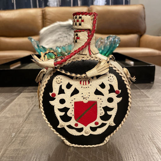 SET Yugoslavian Leather Embellished Decanter w/ 4 Glasses SMALLS