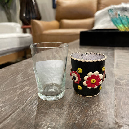 SET Yugoslavian Leather Embellished Decanter w/ 4 Glasses SMALLS