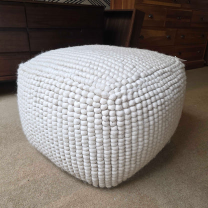White Woven Wool Pouf