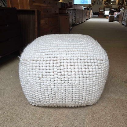 White Woven Wool Pouf