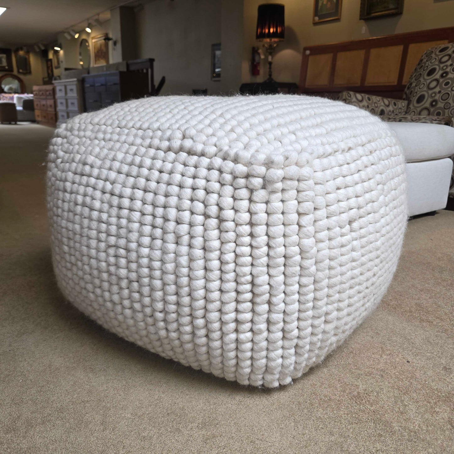 White Woven Wool Pouf