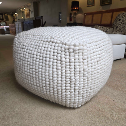 White Woven Wool Pouf