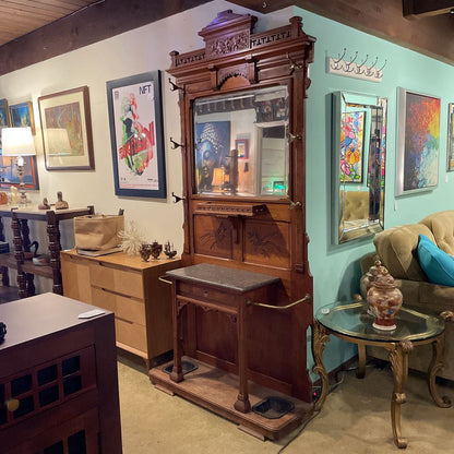 Eastlake Style Hall Tree with Mirror, Marble Counter & Umbrella Trays UNIQUE FINDS