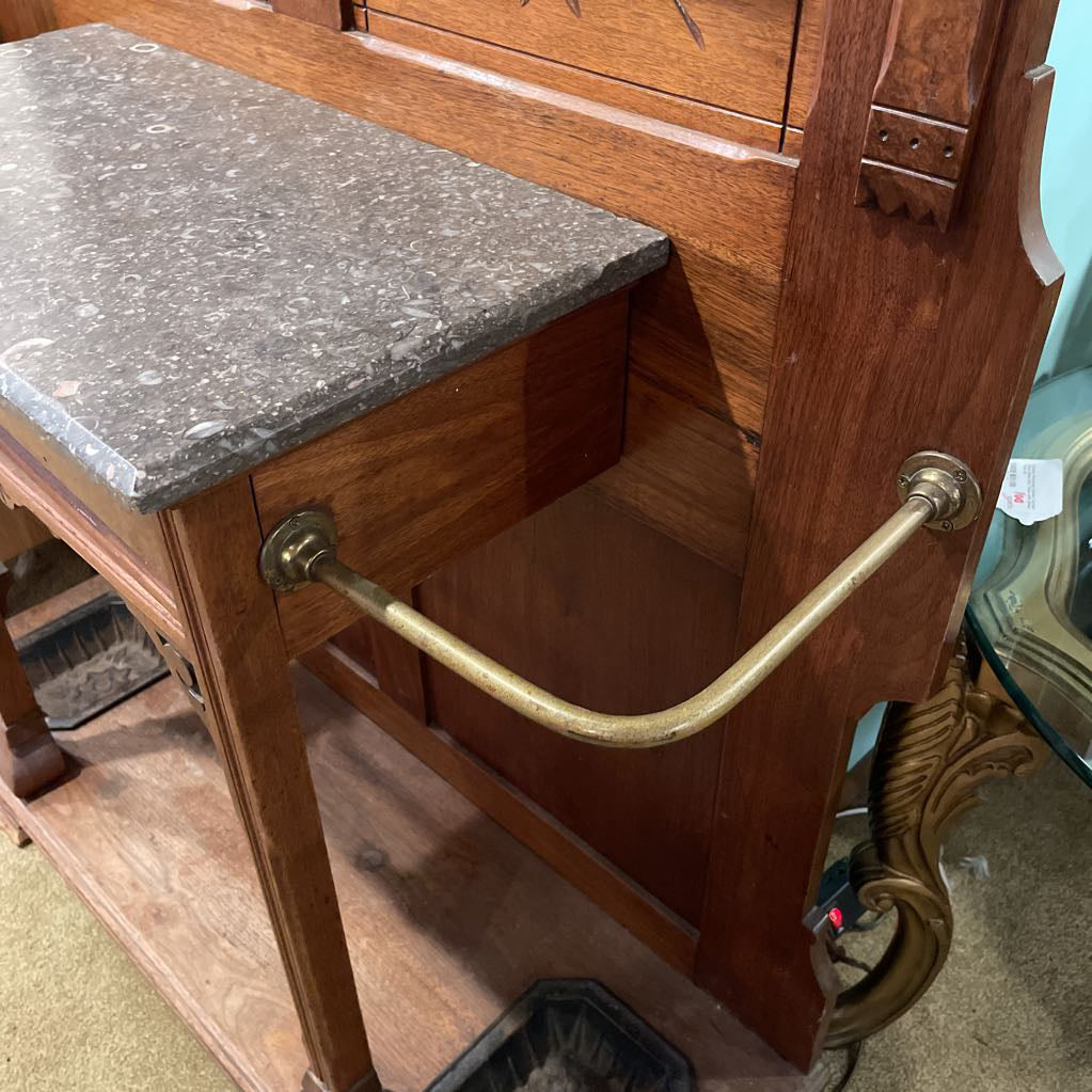 Eastlake Style Hall Tree with Mirror, Marble Counter & Umbrella Trays UNIQUE FINDS