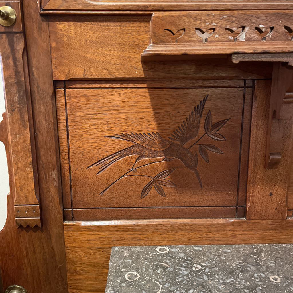 Eastlake Style Hall Tree with Mirror, Marble Counter & Umbrella Trays UNIQUE FINDS