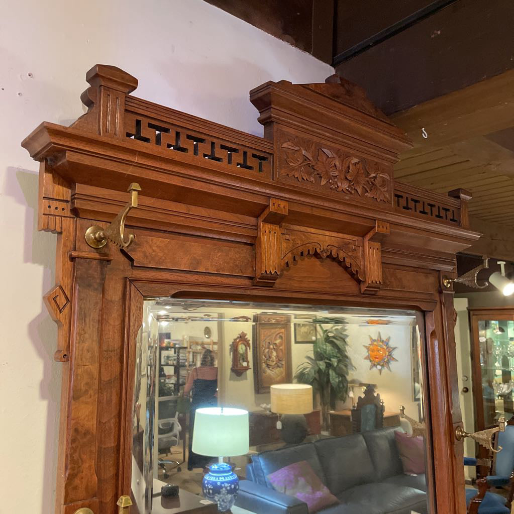 Eastlake Style Hall Tree with Mirror, Marble Counter & Umbrella Trays UNIQUE FINDS