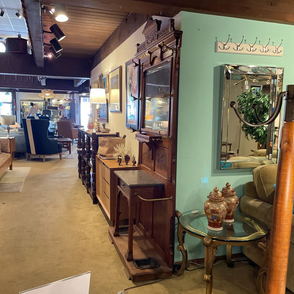 Eastlake Style Hall Tree with Mirror, Marble Counter & Umbrella Trays UNIQUE FINDS