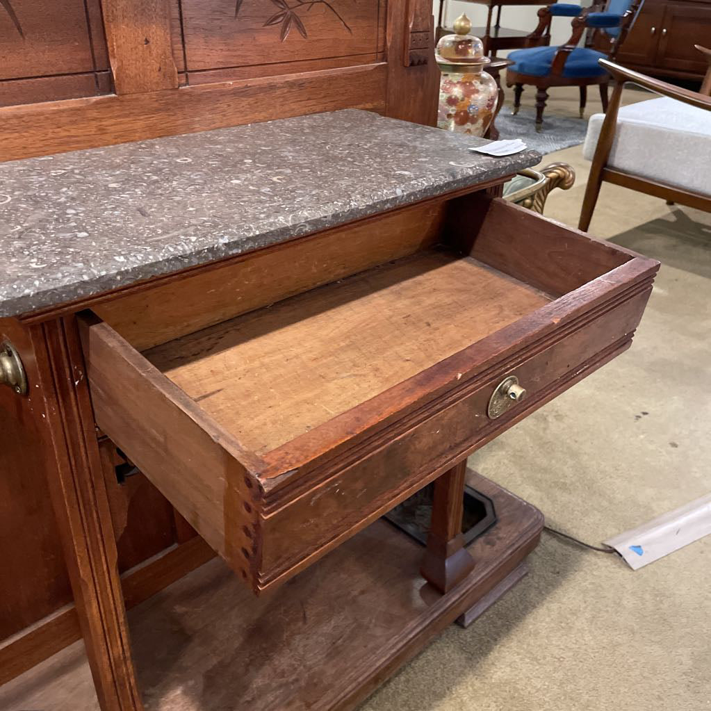 Eastlake Style Hall Tree with Mirror, Marble Counter & Umbrella Trays UNIQUE FINDS