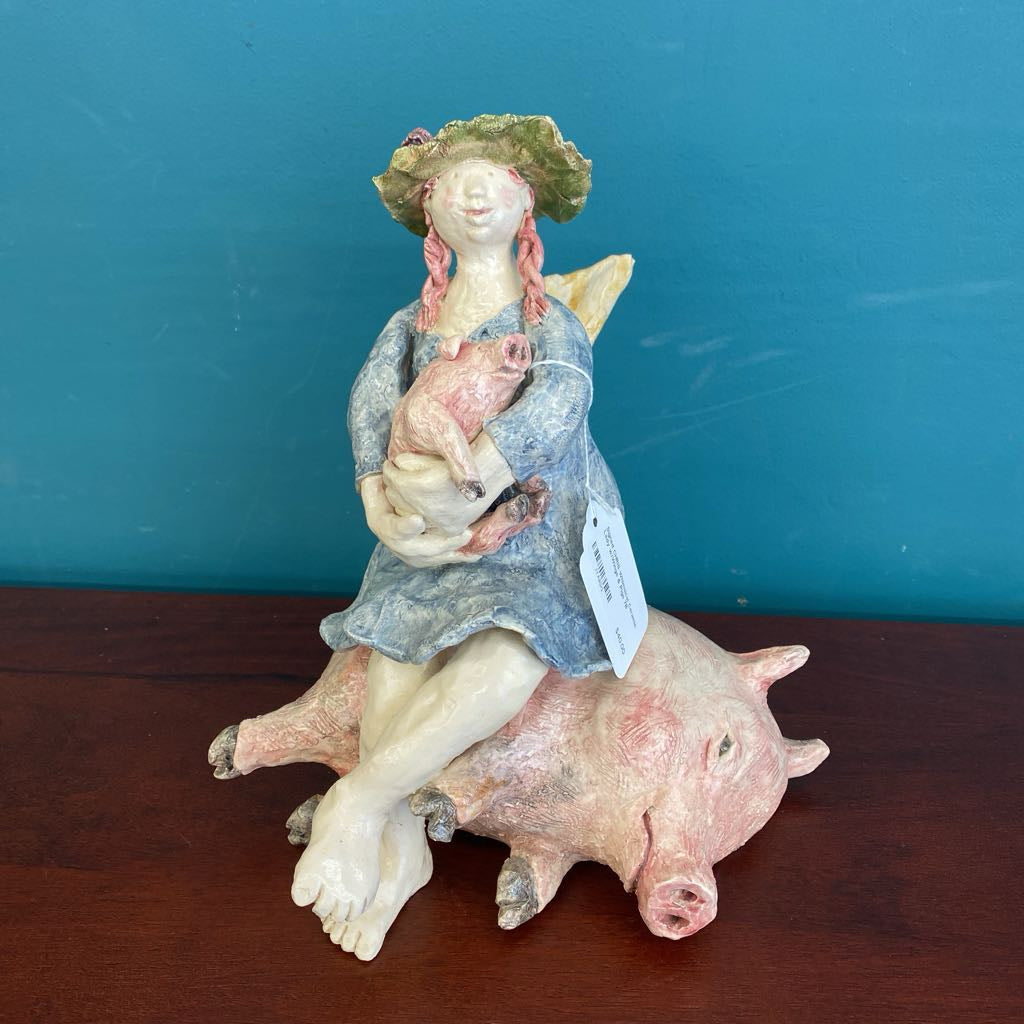 Signed CHRIS Whimsical Ceramic Lady w/Wings & Pigs UNIQUE FINDS