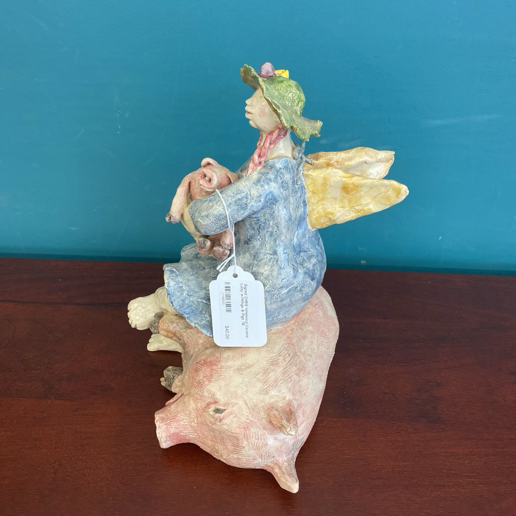 Signed CHRIS Whimsical Ceramic Lady w/Wings & Pigs UNIQUE FINDS