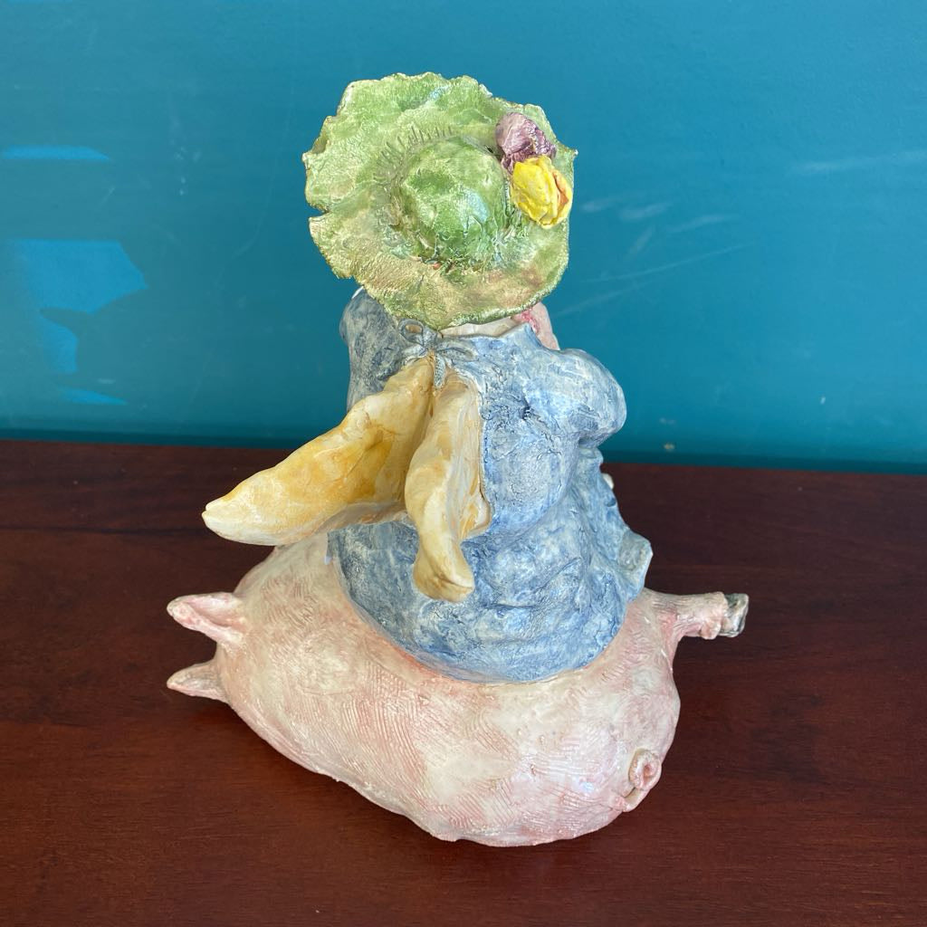 Signed CHRIS Whimsical Ceramic Lady w/Wings & Pigs UNIQUE FINDS