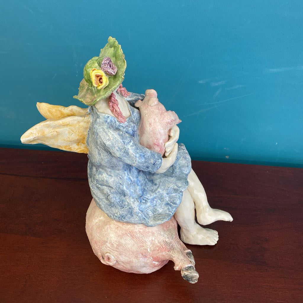 Signed CHRIS Whimsical Ceramic Lady w/Wings & Pigs UNIQUE FINDS