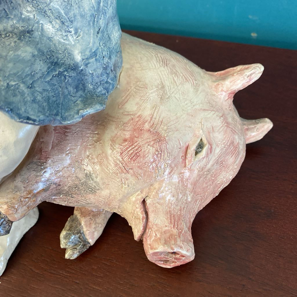 Signed CHRIS Whimsical Ceramic Lady w/Wings & Pigs UNIQUE FINDS