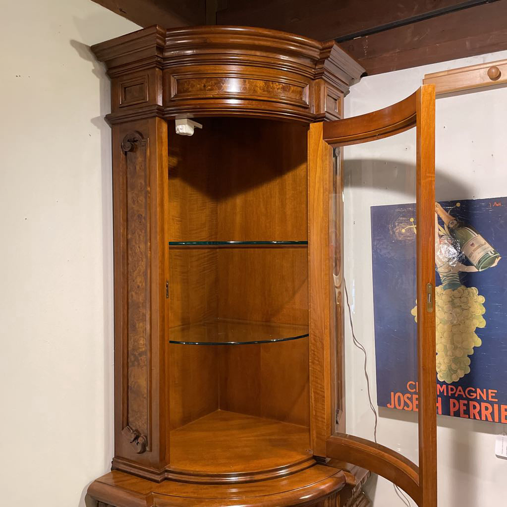 Ornate Italian Burled Wood Corner Cabinet