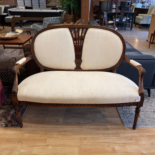 Vintage Oval Back Settee with White Textured Fabric