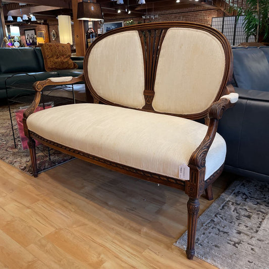 Vintage Oval Back Settee with White Textured Fabric