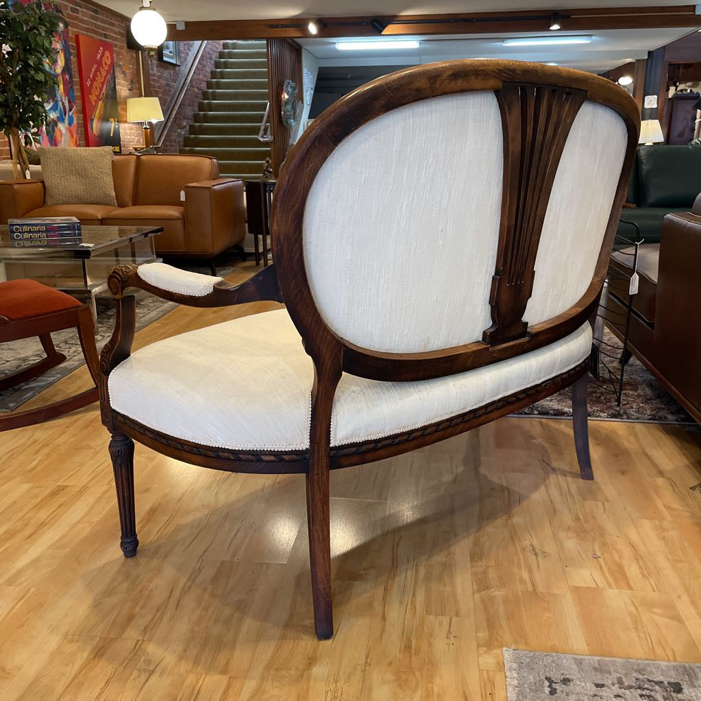 Vintage Oval Back Settee with White Textured Fabric