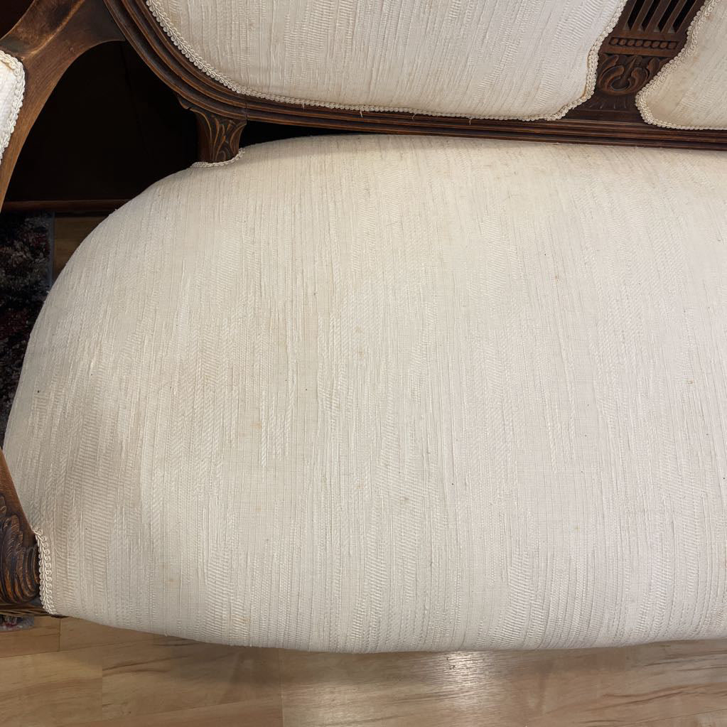 Vintage Oval Back Settee with White Textured Fabric