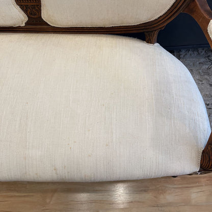Vintage Oval Back Settee with White Textured Fabric