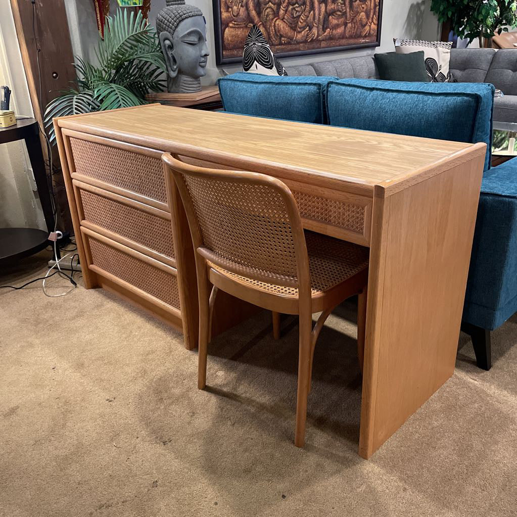 Vintage Cane 4 Drawer Desk with Cane Back Chair