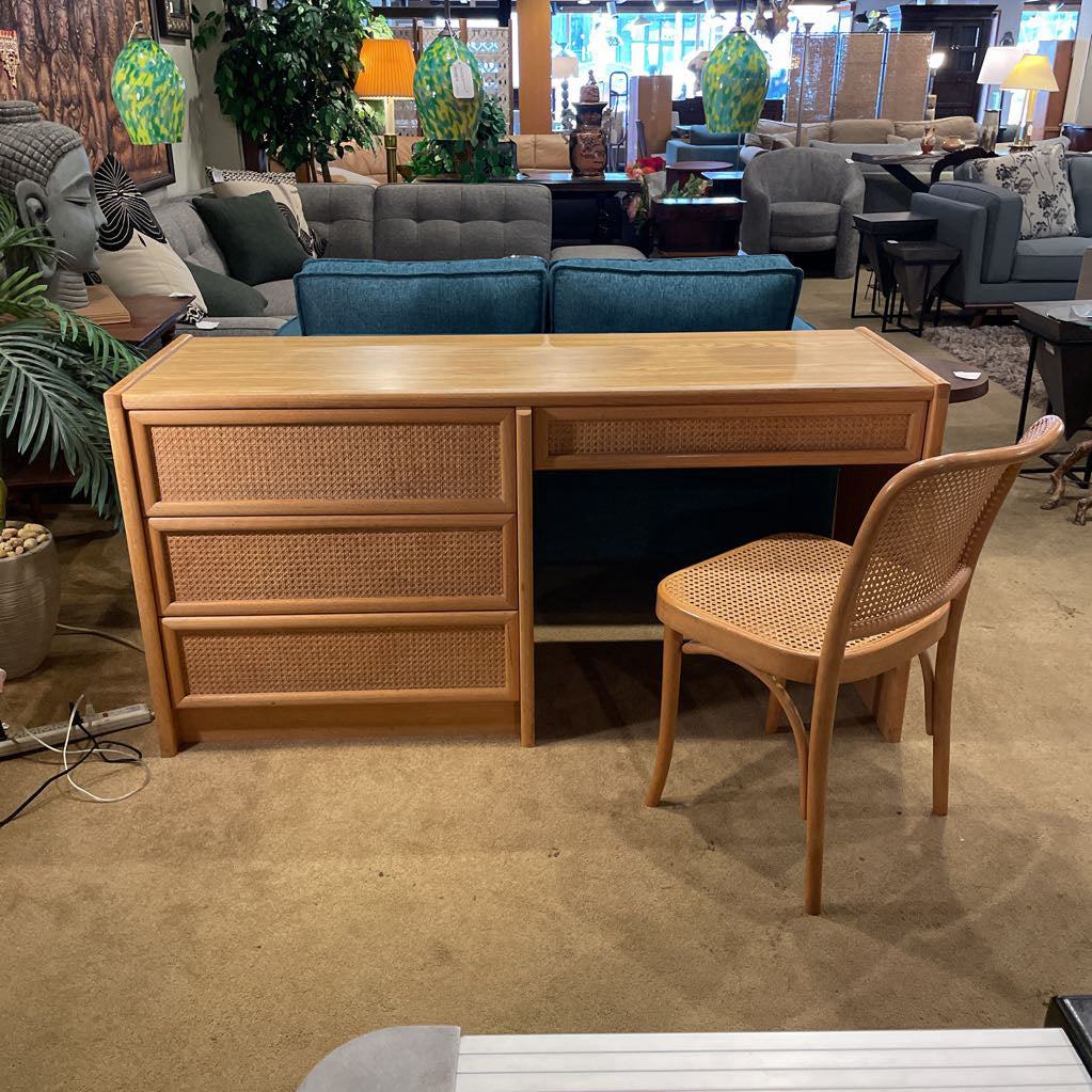 Vintage Cane 4 Drawer Desk with Cane Back Chair
