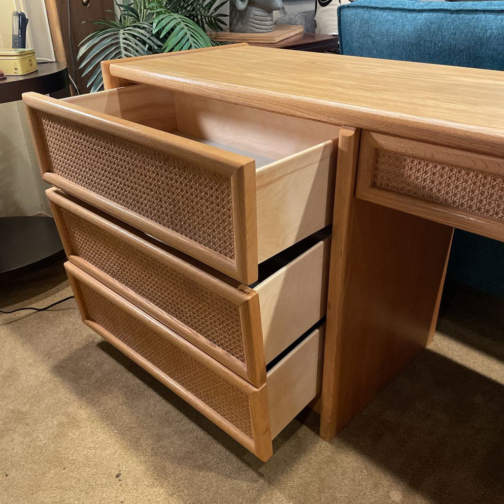 Vintage Cane 4 Drawer Desk with Cane Back Chair