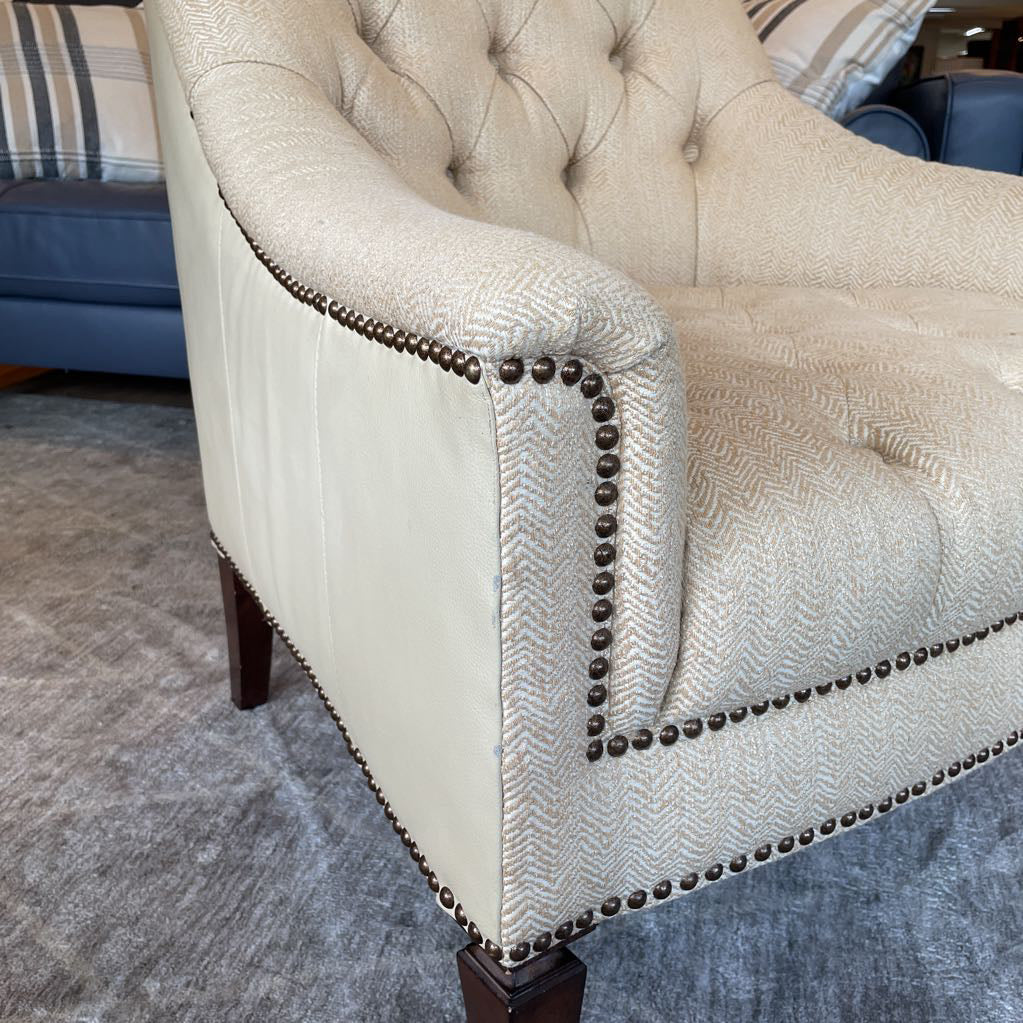 Wheat Fabric Tufted Arm Chair w/ Leather Back