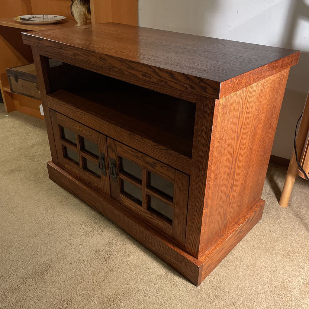 Oak Craftsmen Style 2 Door Glass Paned Media Console