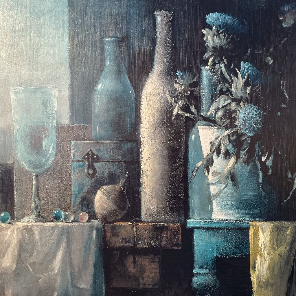 Blue Tinted Still Life With Bottles, Florals, and Top Numbered Print