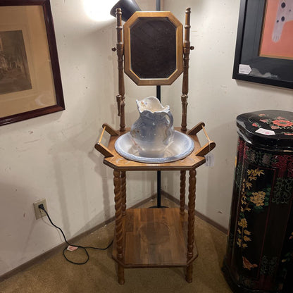 Vintage Victorian Style Wash Stand w/ Barley Twist Legs & Blue Basin