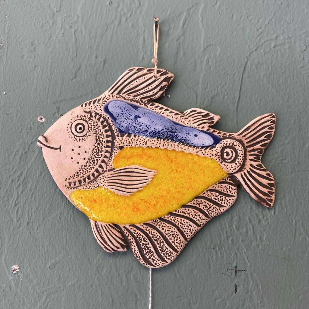Handmade Ceramic Blue & Yellow Fish Hanging Decor ART