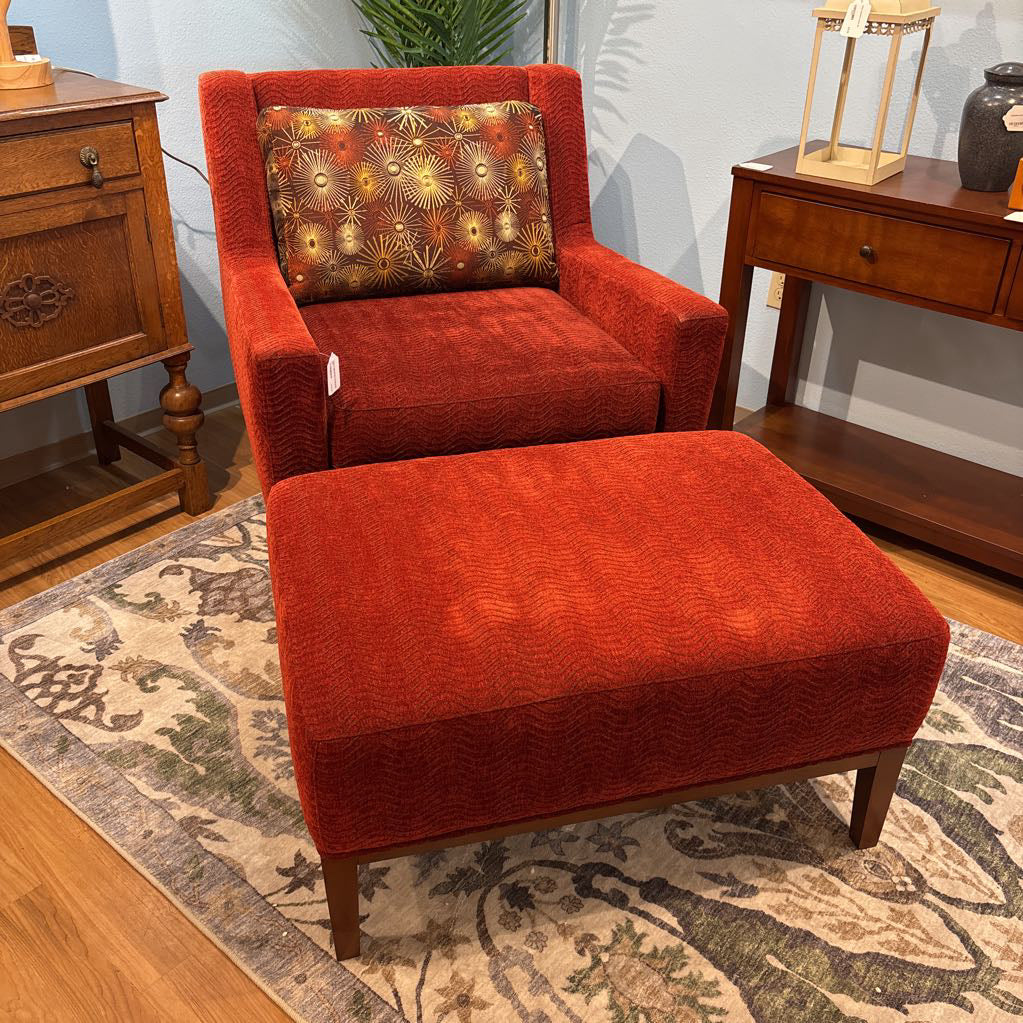 Thyer Coggin Blood Orange Wave Pattern Accent Chair w/ Ottoman