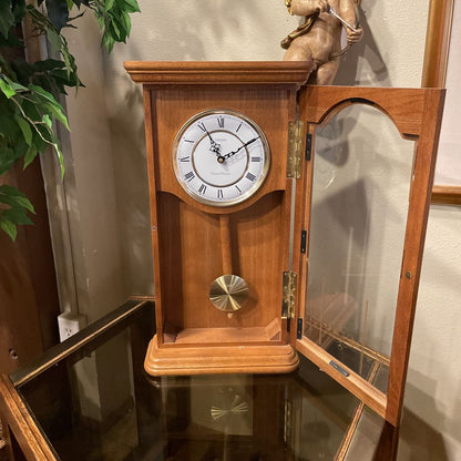 Vintage Linden Pendulum Clock in Wood & Glass Display Case