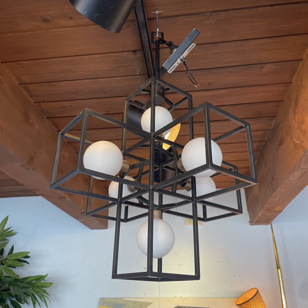 Brio Metal Geometric Cube Chandelier w Globe Lights LAMPS