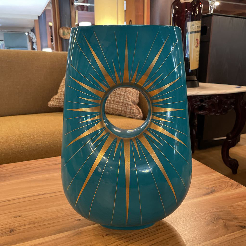 Jonathan Adler Large Teal & Sunburst Vase with Center Aperture UNIQUE FINDS