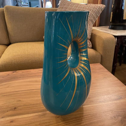 Jonathan Adler Large Teal & Sunburst Vase with Center Aperture UNIQUE FINDS