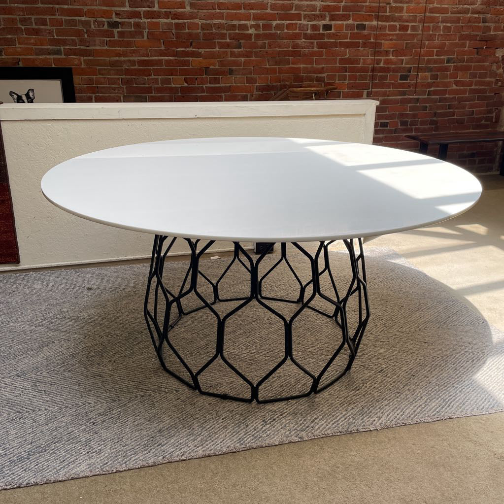 CB2 Metal Cage Base Round Top Marble Dining Table