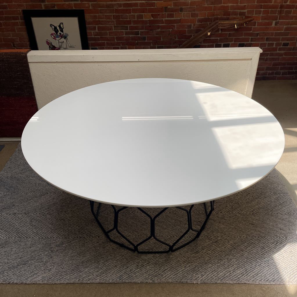 CB2 Metal Cage Base Round Top Marble Dining Table