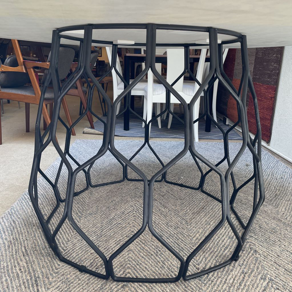 CB2 Metal Cage Base Round Top Marble Dining Table