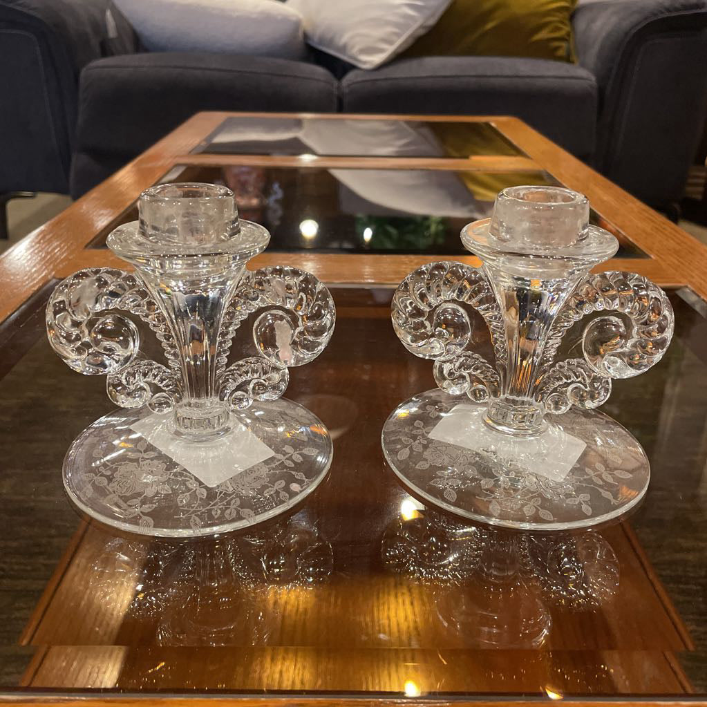Etched Flowers Base Glass Candleholder SET OF 2