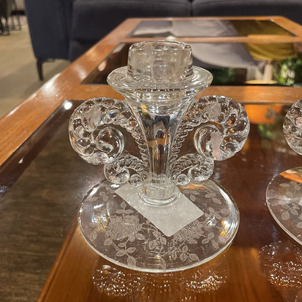Etched Flowers Base Glass Candleholder SET OF 2