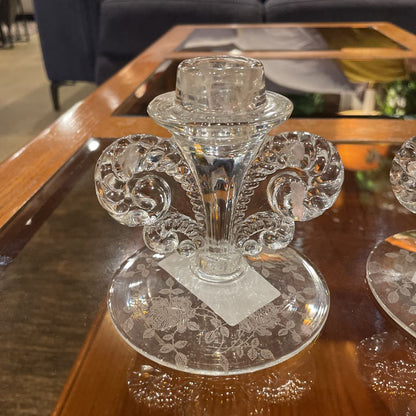 Etched Flowers Base Glass Candleholder SET OF 2