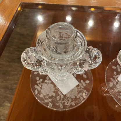 Etched Flowers Base Glass Candleholder SET OF 2