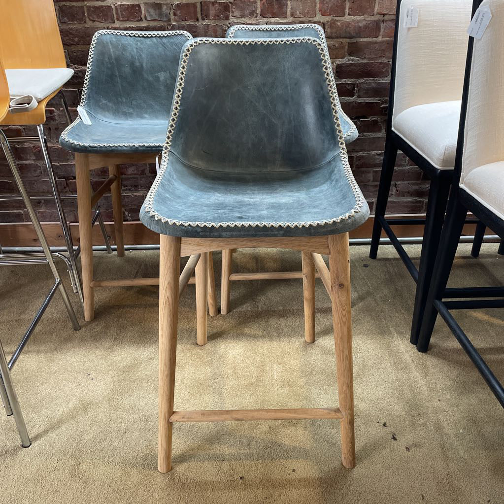 Anthro Dusty Blue Rawhide Leather Stitched Counter Stool C STOOLS