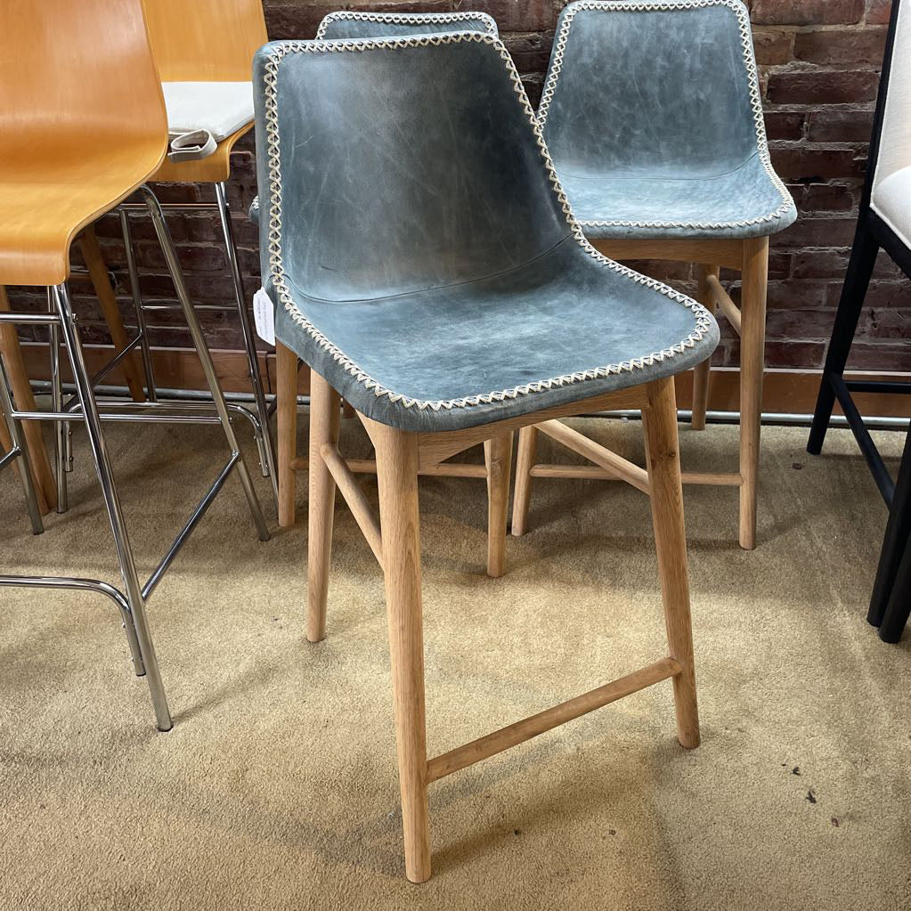 Anthro Dusty Blue Rawhide Leather Stitched Counter Stool C STOOLS
